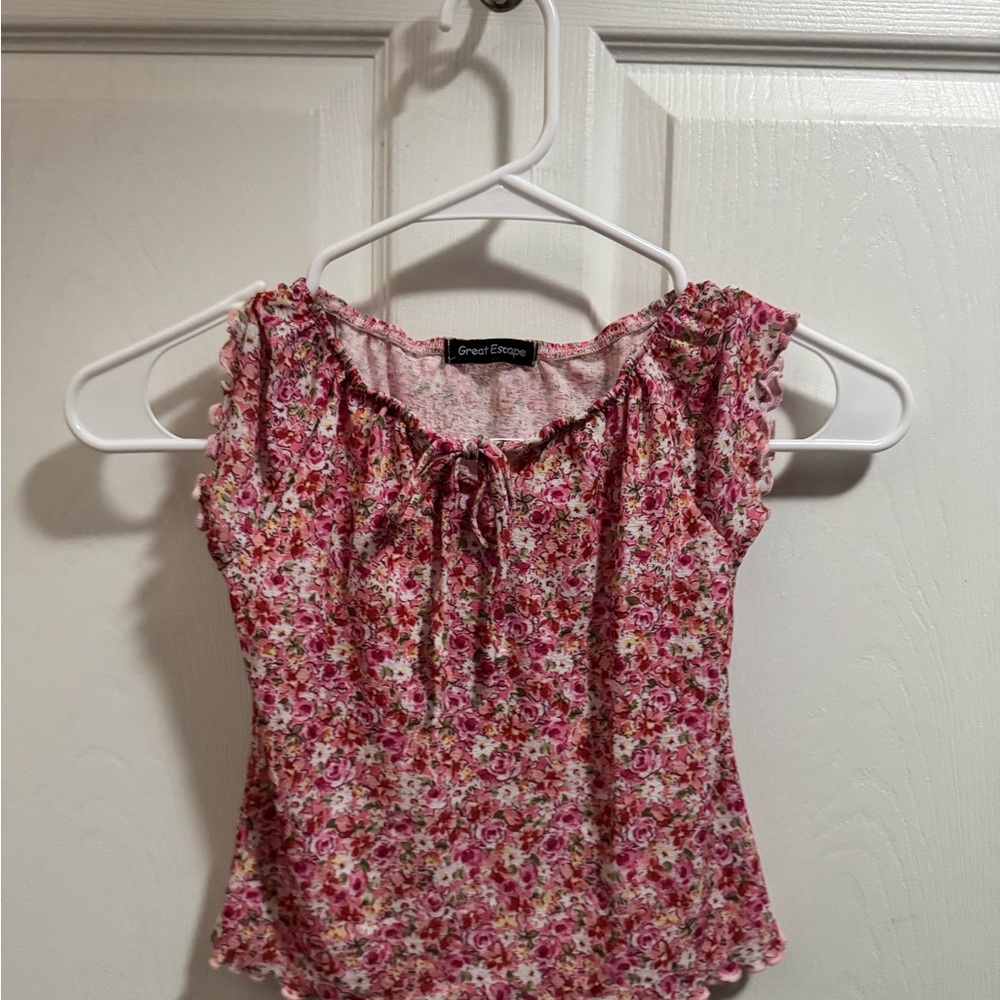 Pink and White Smocked Flutter Sleeve Blouse